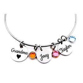 Grandma, Adjustable Bangle bracelet with name charms-Mothers Day-Grandkids