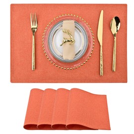 SLKQG - Juego de 4 manteles individuales de tela de lino fáciles de limpiar, lavables a máquina y resistentes al calor, antideslizantes, para cenar de día festivo (4, naranja)
