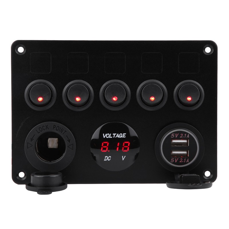 12-24V 5 Gang On/Off Toggle Switch Panel Dual USB Voltmeter