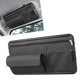MLY Car Sun Visor Organizer, Leather Sunglasses Note Pen Card Holder with Multi-Pocket Net Zipper Storage Bag, Scratch-Resistant Car Sun Visor Organizer for Truck, Cars Interior Accessories (Black)