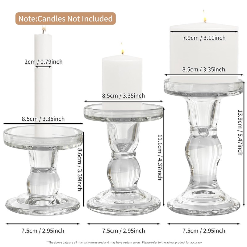 Glass Candle Holders, 3 Pieces Crystal Clear Candlesticks with Elegant
