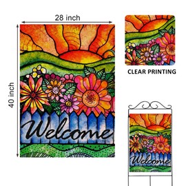 Covido Home Decorative Welcome Summer Fall House Flag, Sunshine Watercolor Flowers Garden Yard Lawn Farmhouse Outside Decorations, Autumn Seasonal Outdoor Large Spring Burlap Decor Double Sided 28x40