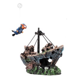 YZHZOM Aquarium Decoration Ship: Realistic Shipwreck + Floating Diver, Blue, Resin, Floor Mounting, Floating Diver