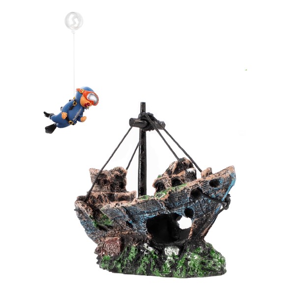 YZHZOM Aquarium Decoration Ship: Realistic Shipwreck + Floating Diver, Blue,