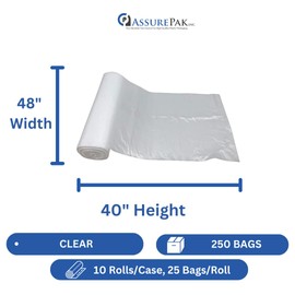 45 Gallons Clear (Natural Color) HDPE Coreless Trash Liners - Plastic Trash Bags - 40"x48" - 250 Bags - 14 microns - Clear - 10 Rolls/Case, 25 Bags/Roll