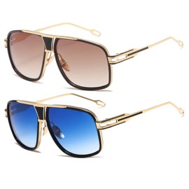AEVOGUE Sunglasses For Men Goggle Alloy Big Frame Metal Punk Style Shield AE0336, 2 Pack/Gold Frame Brown Lens+gold Frame Gradient Blue Lens, One Size Fits All