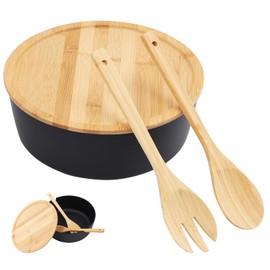 ECWAY Large Salad Bowl with Bamboo Lid and Servers Set - 11.02 inches Large Salad Mixing Bowl with Lid and Utensils for Serving Salad,Fruit,Pasta and Foods Prep (134OZ Black)