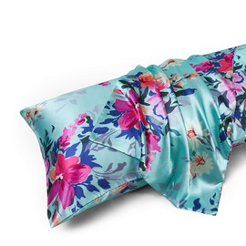 MR&HM Satin Body Pillow Cover, Soft and Breathable Body Pillow Case with Envelope Closure, Cooling and Silky Long Pillowcase for Hair and Skin,Grey (20x54, Floral Green)