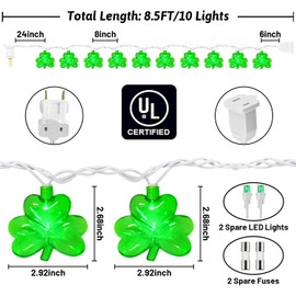St Patricks Day Decorations Lights, 8.5FT Shamrock String Lights with 10 LED Clear Green Lucky Clover Lights Outdoor Waterproof for rish Shamrock St Patrick's Day Party Indoor Home Garden Decor