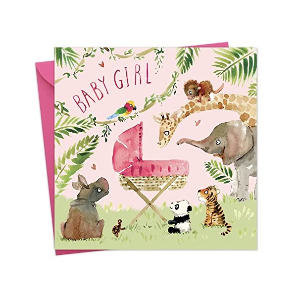 Twizler New Baby Girl Card with Pink Crib and Jungle Animals - New Baby Card Girl - Newborn Essentials - Congratulations Card - Cute Card - New Baby Gifts - New Baby Girl Gifts
