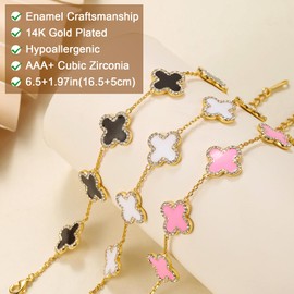 Qitian 18K Gold Four Leaf Clover Bracelet for Women Black Lucky Link Clover Bracelets, Trendy Bracelets Set Jewelry Gifts for Women., 8.8in, Stainless Steel, Cubic Zirconia