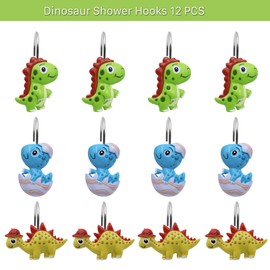 Faitove Dinosaur Shower Curtain Hooks Rings Kids Cute Dino Decorative Shower Hooks for Shower Curtain Funny T-Rex Bathroom Decor Colorful Resin Hangers Boys Girls 12 PCS