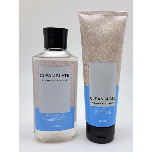 Bath & Body Works - Clean Slate - 2 pc Bundle - 3-in-1 Hair, Face & Body Wash and Ultra Shea Body Cream - Full Size.