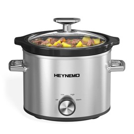 HEYNEMO 2 QT Small Slow Cooker, 3 Adjustable Temp, Upgraded Ceramic Pot, Easy Clean-up, Nutrient Loss Reduction, Sauces, Stews & Dips, Stainless Steel, Silver