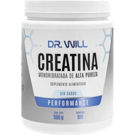 DR. WILL Creatina Monohidratada Micronizada en Polvo 500 g,100 Porciones de 5 g, Creatina Pura de Alta Pureza, Disolución Rápida, Sin Sabor, Pre Workout, Apta para Veganos, Suplemento Alimenticio