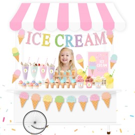 Ice Cream Party Stand Decor Kit, Summer Sundae Kids Playstand Play Shop ICE CREAM Banner Waterproof Canopy Table Sign Cups Tag Stickers, DIY Ice Cream Themed Party Shop Cart, Girls Boys Role Play