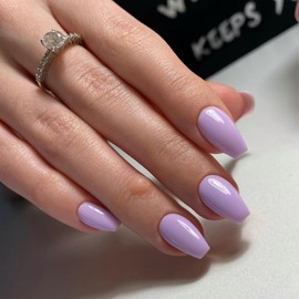 KQueenest Gel Press on Nails Short Medium Coffin, Solid Color Fake Nails Nails Press ons, Short Ballerina Glue on Nails With Glazed Finish, Simple Acrylic Nails For Finger, Lilac