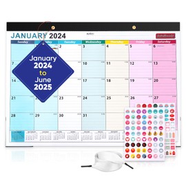 Saiwiimody Desk Calendar 2024-2025 with Plastic Cover Jan. 2024-July. 2025 18 Months desktop Calendar Thick Paper with Clear Corner Protectors for Home School Office, includes Stickers, Colorful