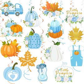 36pcs Little Pumpkin Party Hanging Swirls Decor,Blue Boy Little Pumpkin Baby Shower Hanging Swirls, Fall Themed Maple Leaf Pumpkin Truck Ceiling Swirl for Boy Baby Shower Birthday Party Decorations