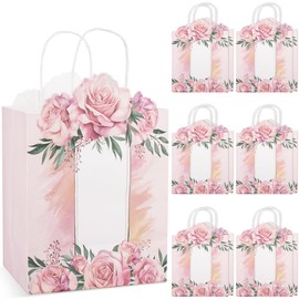 Addveyra Paper Goodie Bags Pink with Handles Rose Floral Party Favor Bags for Birthday/Wedding Women (12 pcs)
