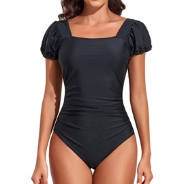 Smismivo Modest Swimsuits for Women Puff Cap Flutter Short Sleeve One Piece Bathing Suit High Neck Tummy Control Slimming Swimming Suits Full Coverage Ruched Swimwear for Pool (Black)