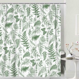 JAWO - Cortina de ducha de color verde y blanco, diseño de flores verdes salvia, mariposas, para baño, estilo clásico, retro, estética, bohemio, botánica, hojas florales, turquesa, verde azulado,