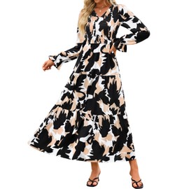 ZESICA Women's Fall Long Sleeve Floral Boho Dress 2025 Casual V Neck A-Line Flowy Wedding Guest Maxi Dresses,Black,Small