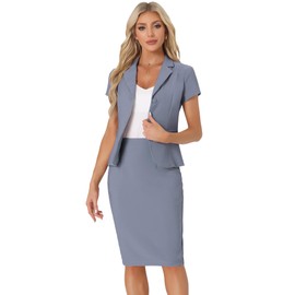 Allegra K Women's Business 2 Piece Suit Set Short Sleeve Blazer Jacket Pencil Skirt Grey Blue Large