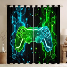 Homemissing Kids Gamer Curtains for Bedroom Game Controller Darkening Drapes W46*L54 Boys Gaming Gifts 30%-50% Blackout Curtains Gamepad Pattern Green Teal Blue Window Treatments