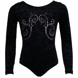 Girls' Long Sleeve Gymnastics Leotard Made of Stretch Velvet Opaque Children's Leotard with Crew Neck Velvet & Hexagon Sequins Gymnastics Leotard Gymnastics Jersey, black