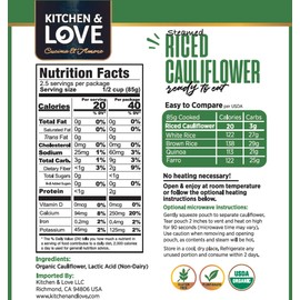 Kitchen & Love Organic Riced Cauliflower 8 oz (6 Pack) | Low Carb, Low Calorie, Healthy Rice Alternative, Vegan, Gluten Free, Ready to Eat & Microwaveable, Dairy Free, Shelf Stable