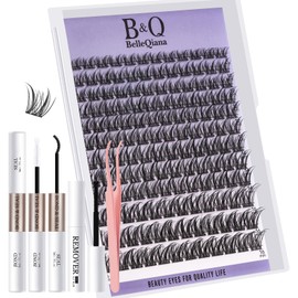 B&Q EcoWisp Cluster Lashes Kit with Bond and Seal Lash Glue, Lash Remover & Tweezers – 144 Individual Eyelashes, 8-16mm Mixed Length, Natural Look DIY Eyelash Kit for Home Use(EcoWisp Kit 01）