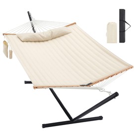 Homgava Two Person Hammock with Stand for Outside Heavy Duty, Outdoor Patio Hammock with Portable Steel Stand, Large Double Hammocks,480lbs Capacity.(Off White)