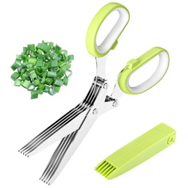 Relota Herb Scissors Green, 5 Blades Chive Scissors Stainless Steel Vegetable Scissors with Safety Cover, Kitchen Scissors for Chives, Parsley, Herbs, Spring Onions, Chili