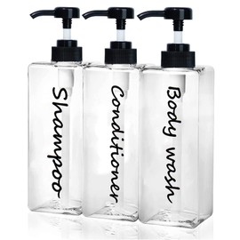 Shampoo Dispenser - Refillable Shampoo and Conditioner Bottles (Clear, Set of 3, 21oz) - Modern Shampoo Bottles for Shower Soap - Empty Shampoo Conditioner Body Wash Dispenser Set - for Bathroom