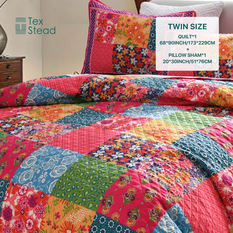 TEXSTEAD Twin Quilt Set for Bed - 100% Cotton Quilts
