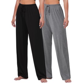 FEQO 2 Pack Women's Lounge Pants Wide Leg Yoga Pants Soft Pajama Bottoms Casual Loose Sweatpants Drawstring Yoga Pants, L(Black,Gray)
