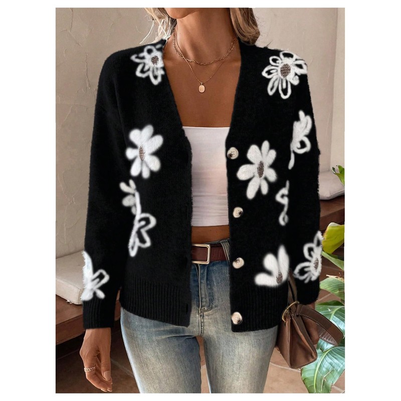SHENHE Women's Floral Cardigan Sweater Open Front Long Sleeve Button