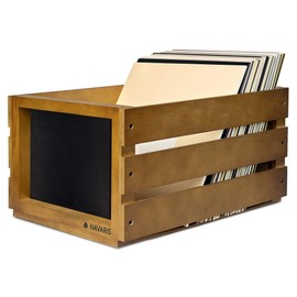 Navaris Wood Record Crate - Vinyl Album Storage Holder Box Wooden Case with Chalkboard Sign Board - Holds up to 80 LP Records - Dark Brown