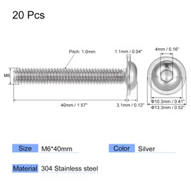 sourcing map Flanged Button Head Socket Cap Screws, M6*40mm Hex Socket Drive Screw, 304 Stainless Steel Fasteners Bolts, Fully Threaded Machine Screw 20Pcs