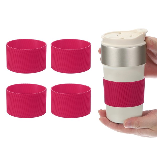 uxcell 4パック コーヒーカップスリーブ 再利用可能なシリコン製耐熱カップ保護スリーブ 滑り止めマグプロテクターカバー 家庭用旅行用コーヒーカップグラス水筒ブーツ用 ローズレッド