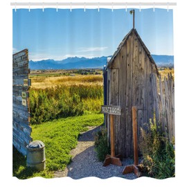 Ambesonne Outhouse Shower Curtain, Old Rustic Wooden Cottage Barn Shed in a Farm Village Image, Cloth Fabric Bathroom Decor Set with Hooks, 70" Long, Dark Grey