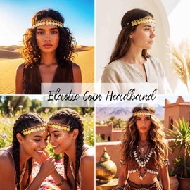 Yokawe Gold Coin Elastic Headbands Jewelry,Belly Dance Headpieces,Forehead Carnival Rave Hair Accessories for Women