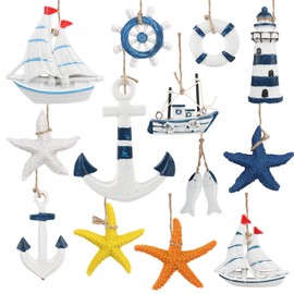 IWILCS 13 Pieces Maritime Pendant Nautical Decoration, Maritime Decorative Pendant Set, Anchor Starfish Lifebuoy Fish Lighthouse Steering Wheel for Mini Fishing Net, Wall Decorations in Beach/Coastal