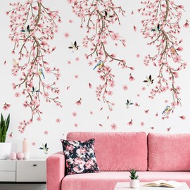 MEFOSS Removable Cherry Blossom Flower Vines Wall Decals Hanging Floral Tree Branch Birds Wall Stickers DIY Wall Art Living Room Bedroom Nursery Office Wall Decor
