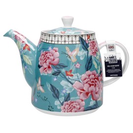 London Pottery Classic Ceramic Bell -shaped Teapot, 1 Litre (33.8 Fl oz), Teal Floral, Vintage Flowers and Butterfly Patterns, Stainless Steel Tea Infuser, English Style Tea Pot for Afternoon Tea