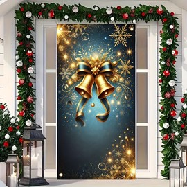 Tomhong Christmas Door Cover Banner Golden Bells Design 71x35 Inch Holiday Door Sign for Front Door Elegant Blue Gold Door Cover for Winter Xmas Party Home Porch Outdoor Decor