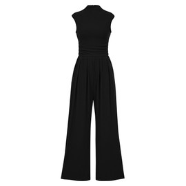 KIRUNDO One Piece Outfits Jumpsuits for Women Dressy Casual Mock Neck Elegant Jumpsuit 2025 Summer Wide Leg Romper Spring Break Outfit(Black, Medium)