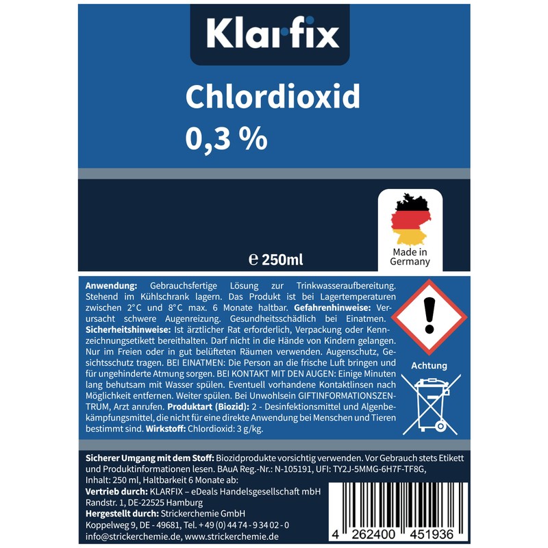 Klarfix Chlorine Dioxide 0.3% CDL CDs Ready Solution for Drinking