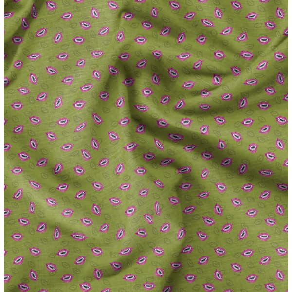 Soimoi Green Cotton Voile Fabric Monster Lips & Teeth Face